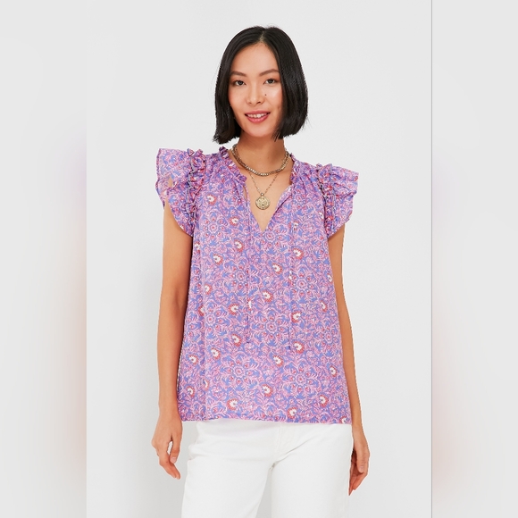 Vineyard Vines Tops - Vineyard Vines Purple Floral Blouse with Ruffle Sleeves